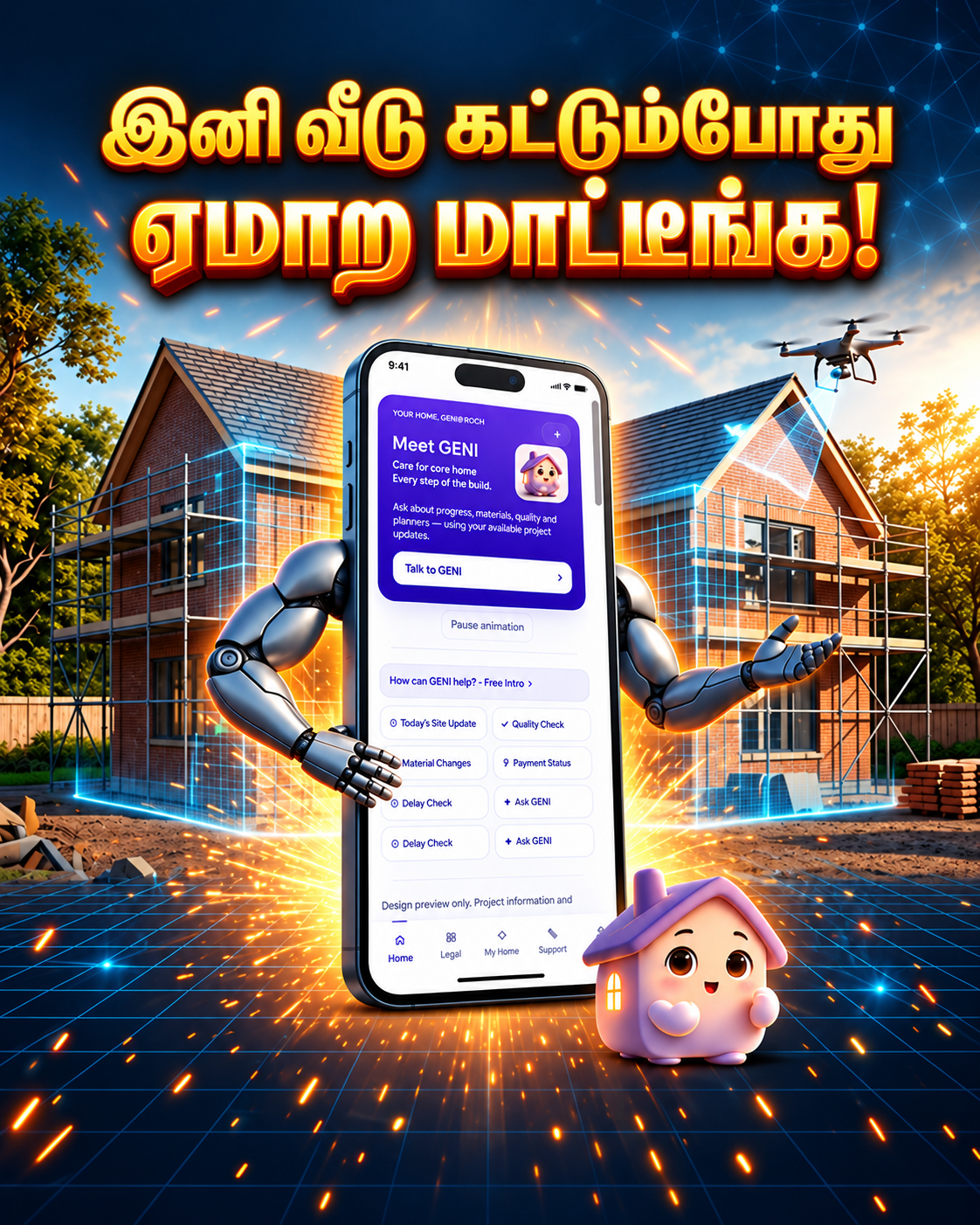 இனி வீடு கட்டும்போது ஏமாற மாட்டீங்க — GENI360 smart construction poster